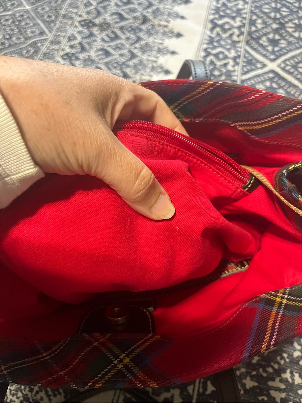 Dooney & Bourke Red TartanTote with Black Leather Handles (Some Interior Marks) - Picture 12 of 16